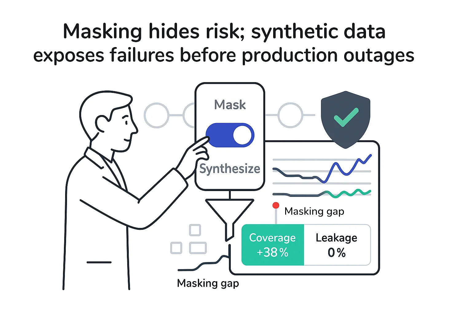 Minimalist tech illustration of toggle set to synthetic data masking shield privacy checkmark chart KPI