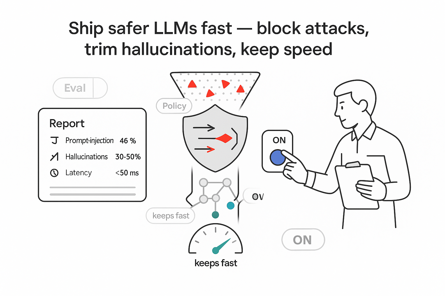 Minimalist illustration of LLM guardrail stack funnel with report panel human toggling speed gauge
