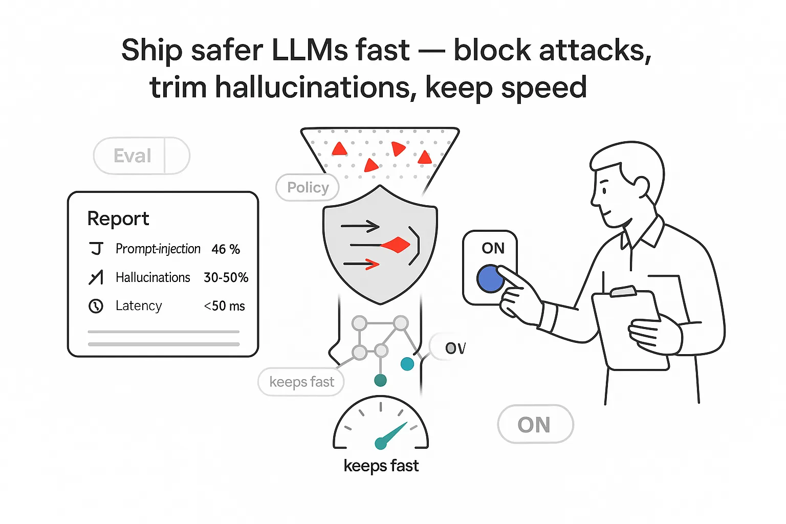 Minimalist illustration of LLM guardrail stack funnel with report panel human toggling speed gauge