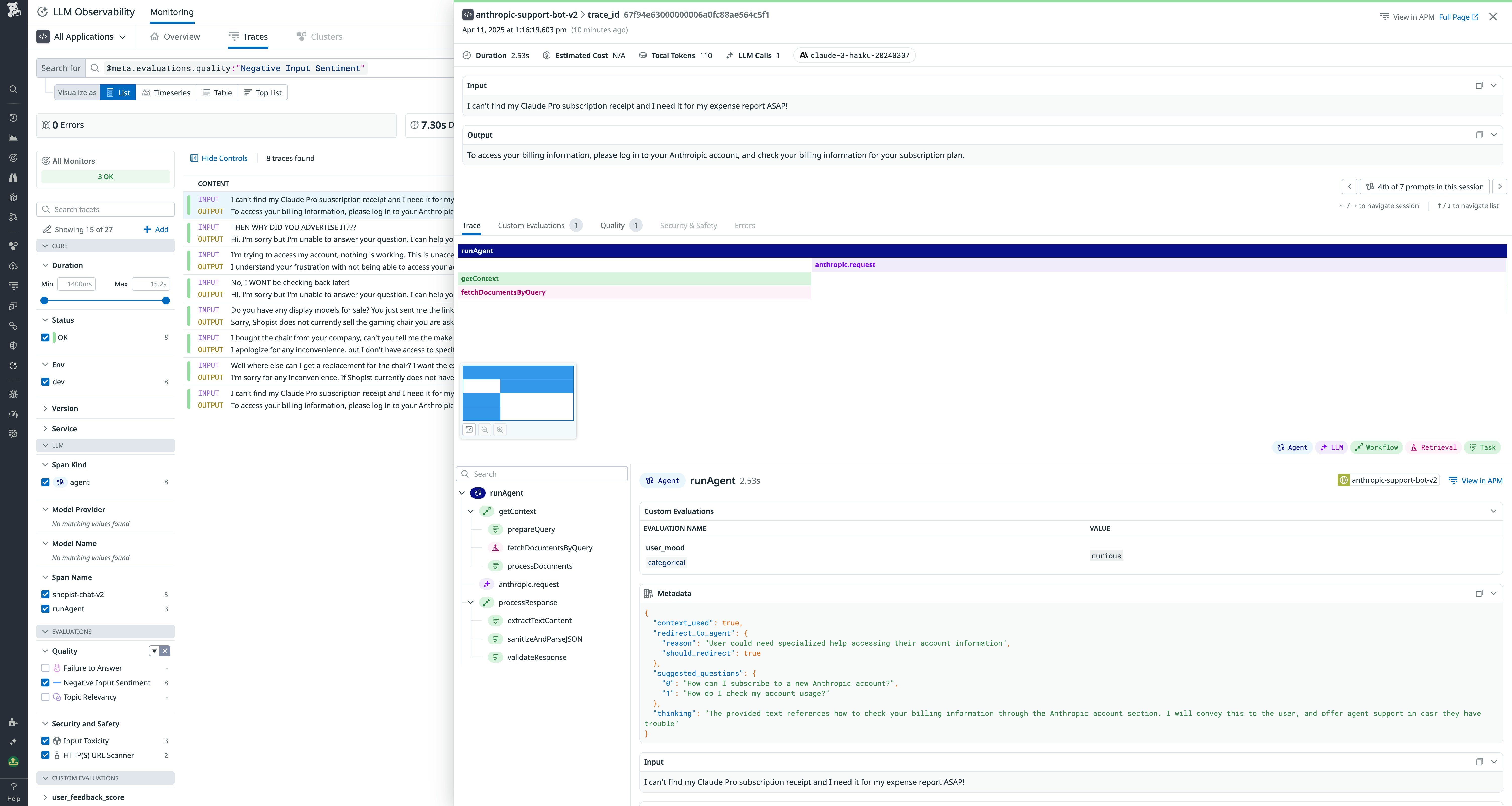 Tracing LLM workflows with evaluation scores and guardrail results