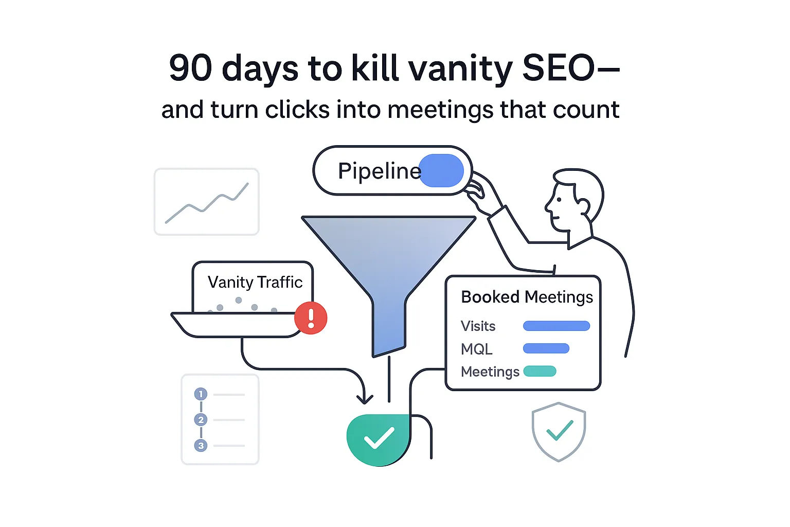 Minimalist tech illustration funnel splitting vanity SEO traffic and booked meetings pipeline toggle