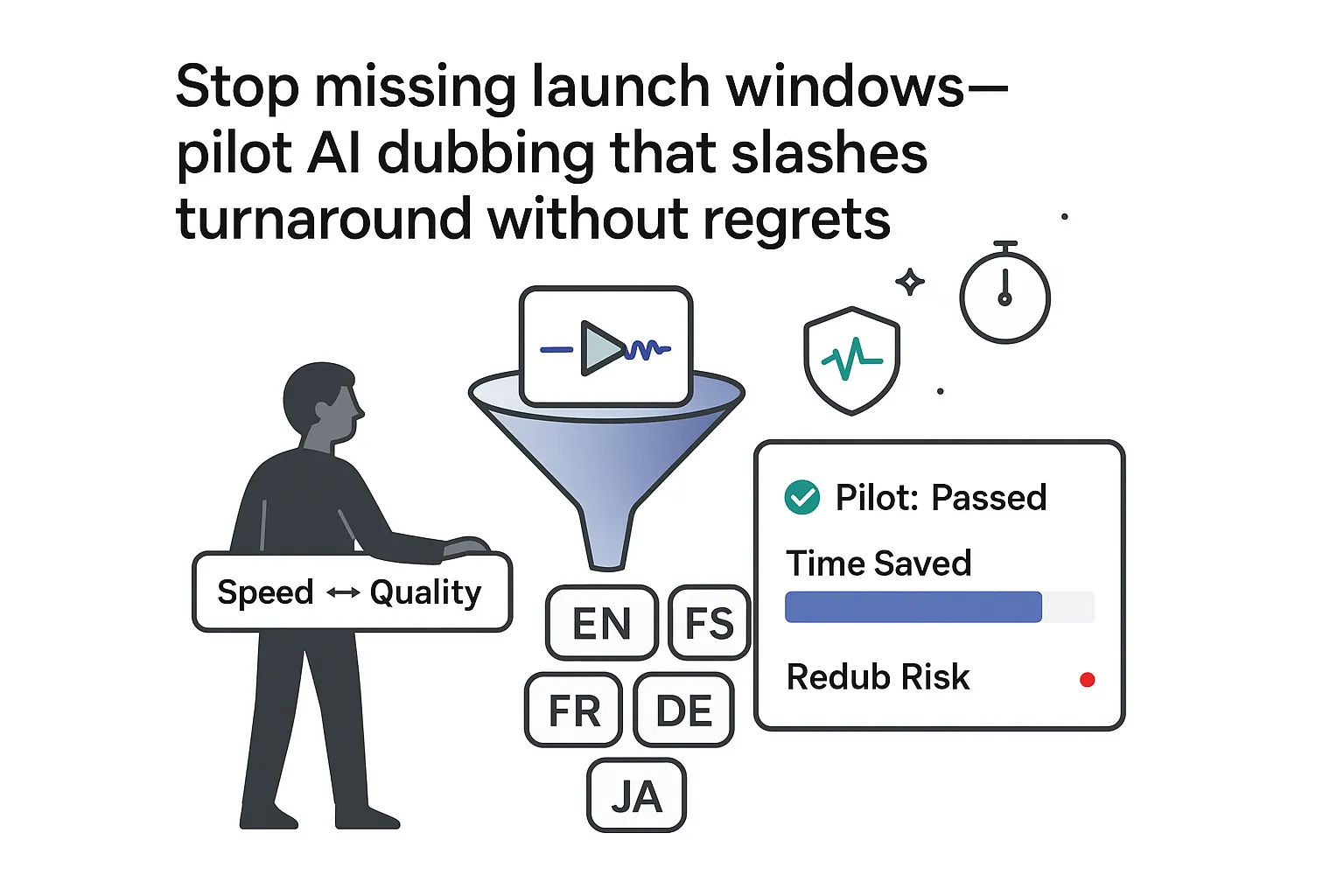 AI video dubbing pilot funnel converting video into multilingual tracks speed quality slider report panel