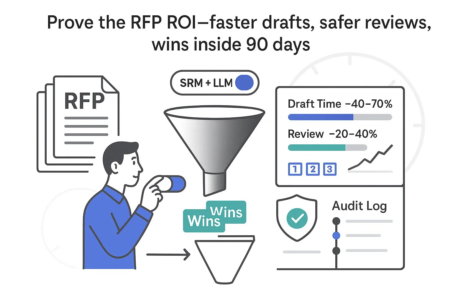 RFP ROI funnel with SRM LLM toggle producing wins in 90 days report and audit