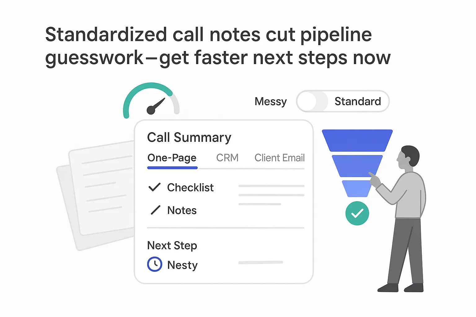 Minimalist tech illustration of call summary panel with sales funnel forecast and person pointing toggle