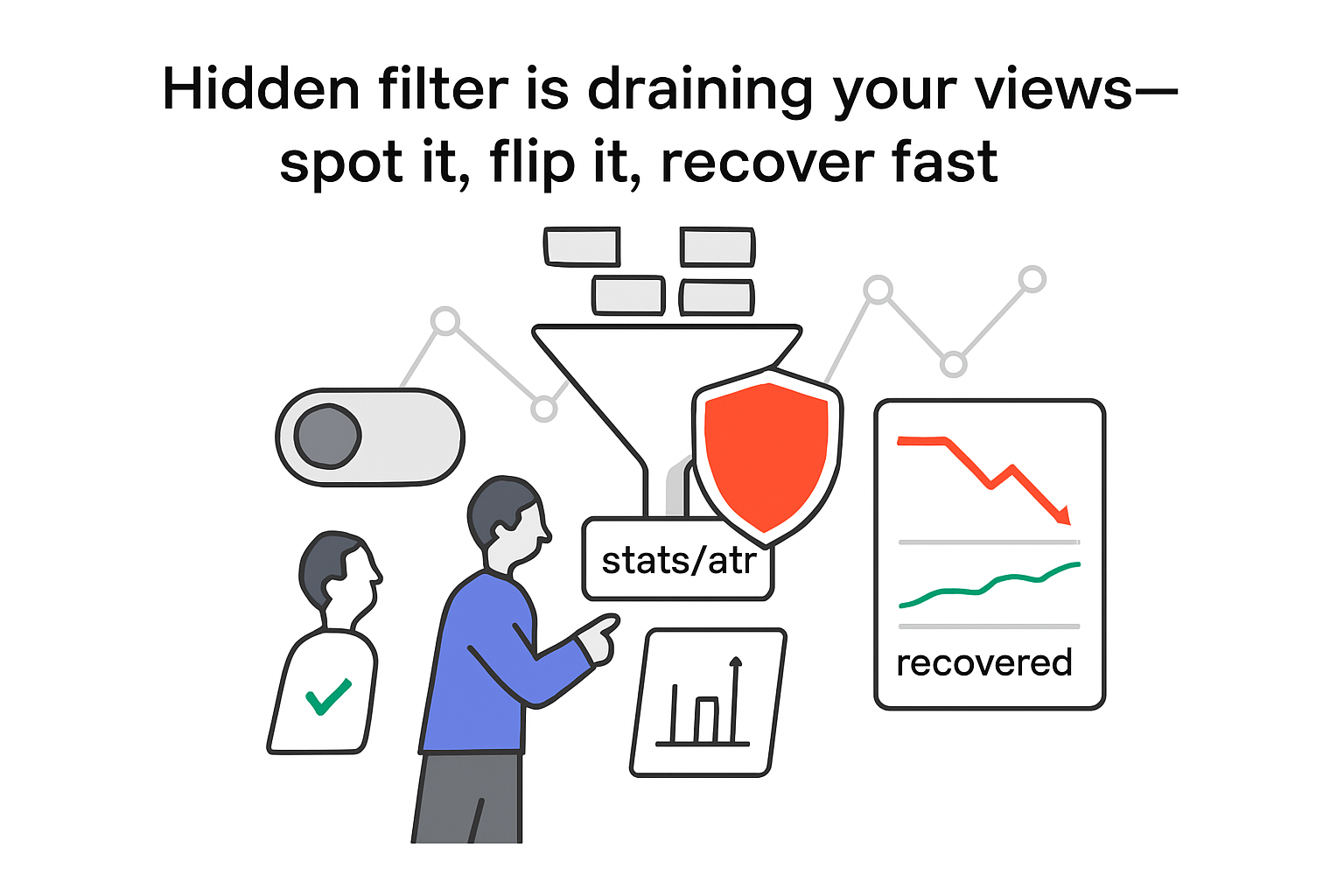 Minimalist data funnel blocked by shield filter person pointing toggle with analytics charts and sparkline