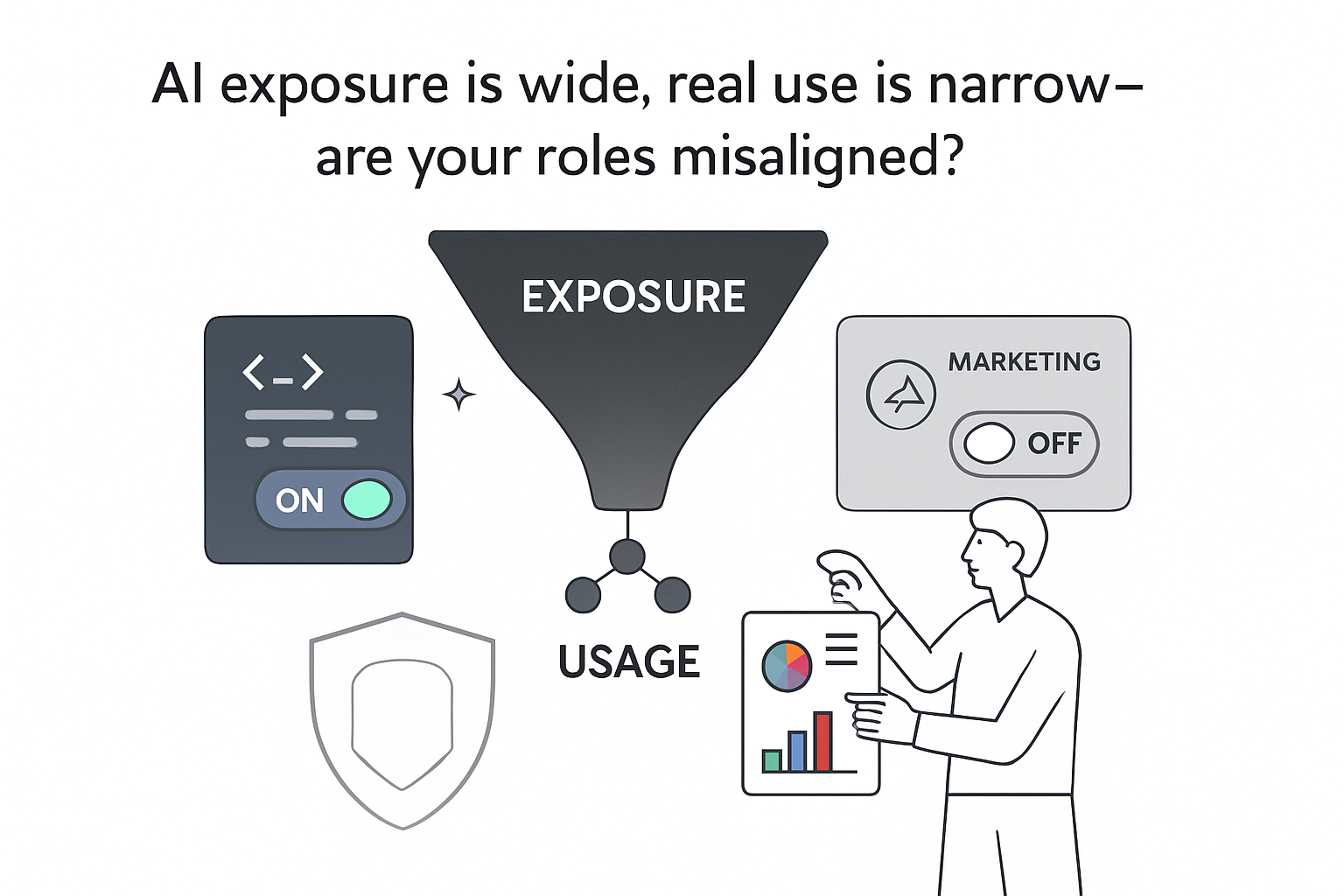 Minimalist AI funnel wide exposure narrow usage code marketing report person pointing off toggle