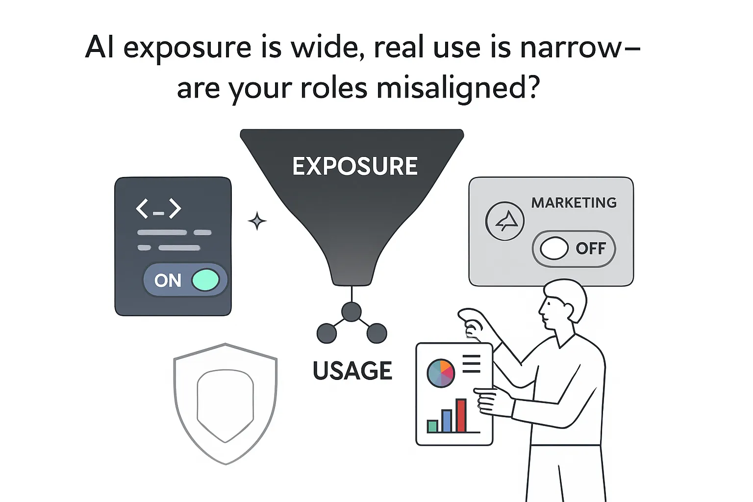 Minimalist AI funnel wide exposure narrow usage code marketing report person pointing off toggle