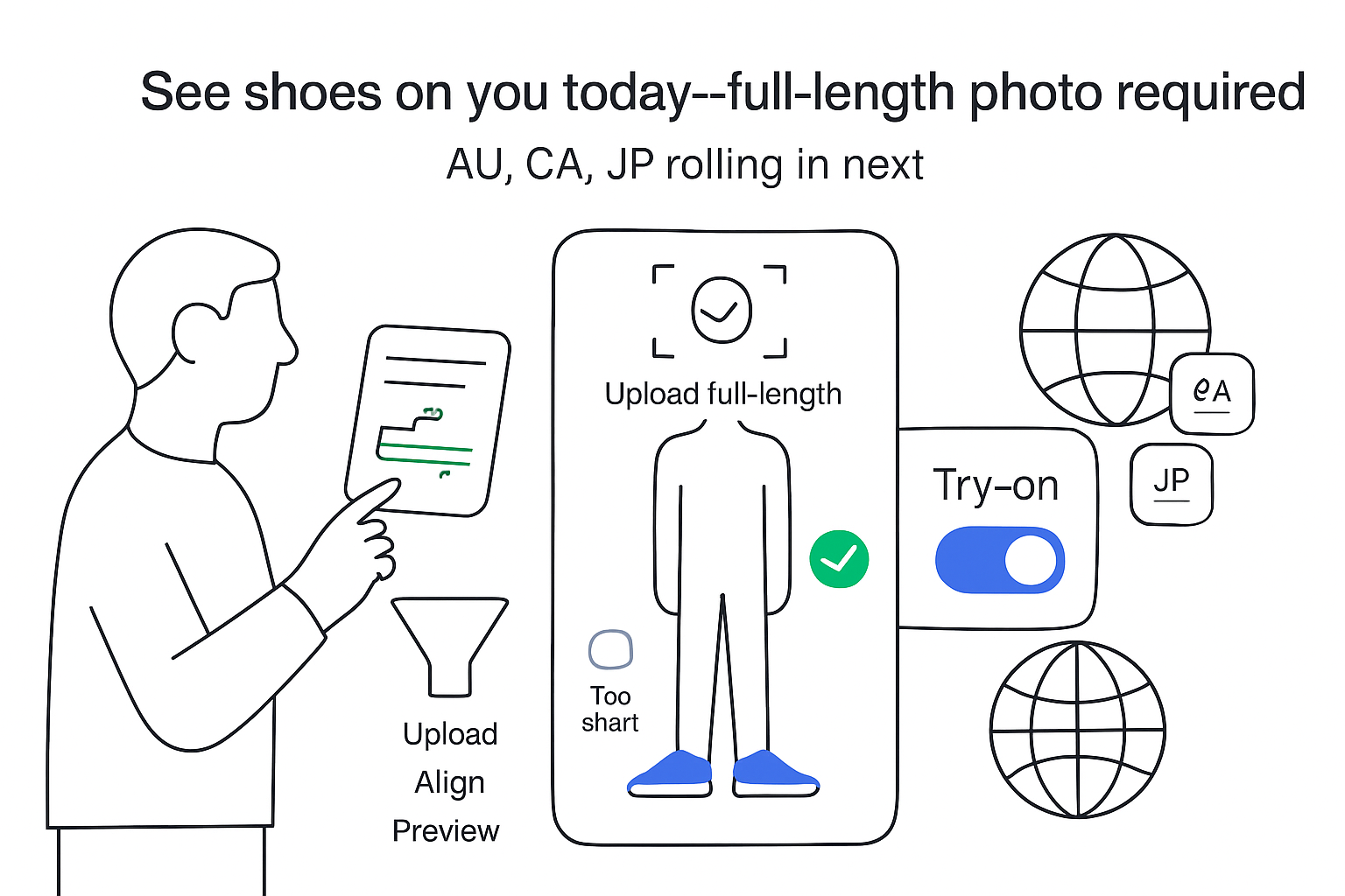 Minimalist phone full length photo silhouette with sneaker overlays camera framing try on toggle analytics