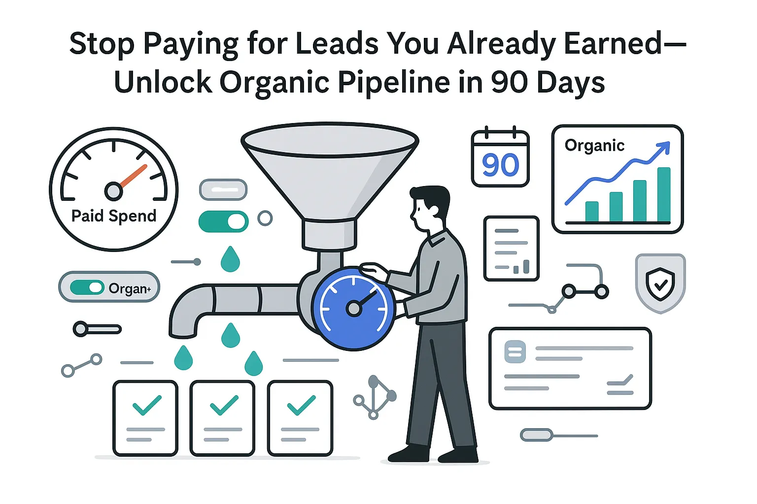 Funnel unlocking via blue dial sending green leads into CRM cards with 90 day badge