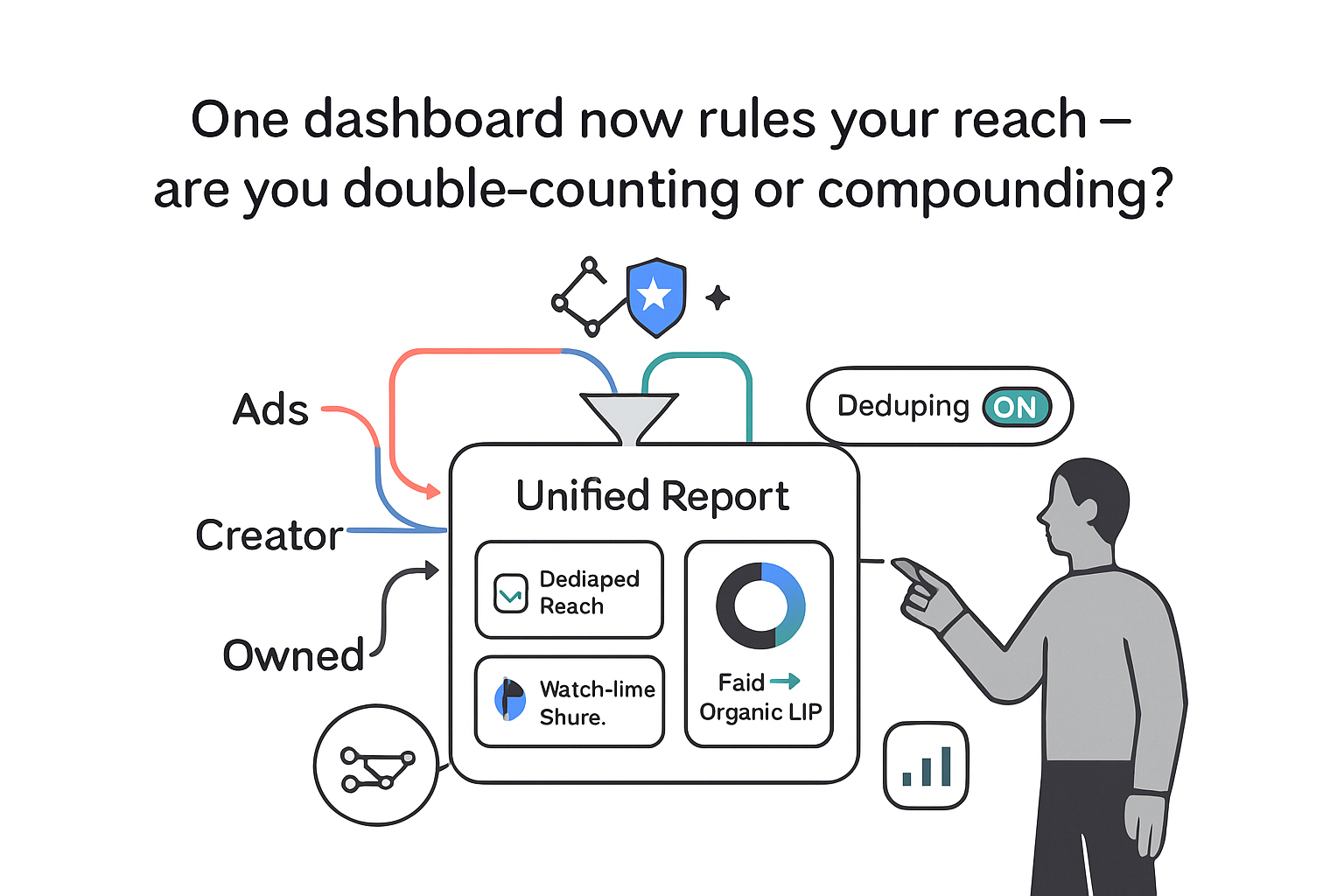 Minimalist unified report dashboard with Ads Creator Owned funnel deduping toggle watch time donut tiles