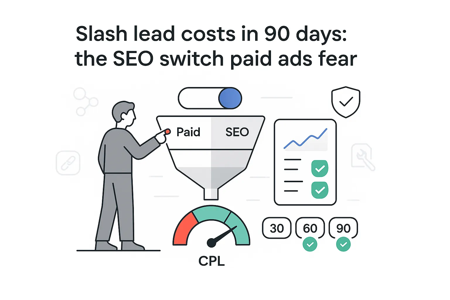 Minimalist tech illustration person switching SEO toggle over funnel lowering CPL gauge and report panel