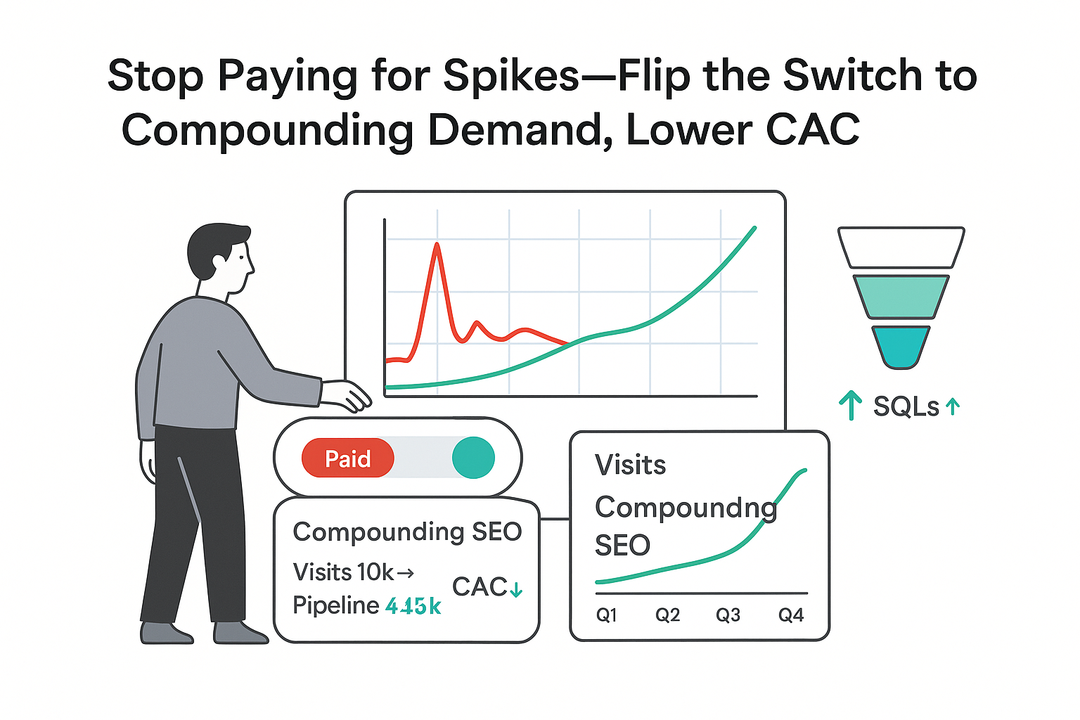 Minimalist illustration toggle from Paid to Compounding SEO chart spike to steady growth lower CAC