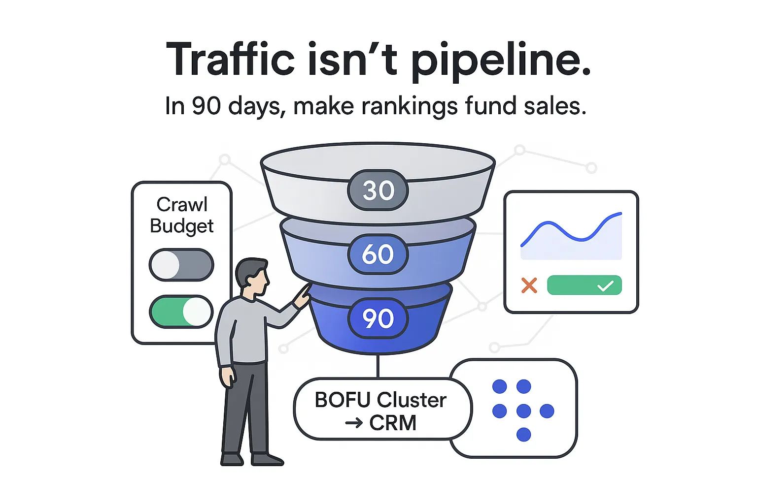 Minimalist conversion funnel with 30 60 90 chips CRM capsule analytics report crawl budget toggle
