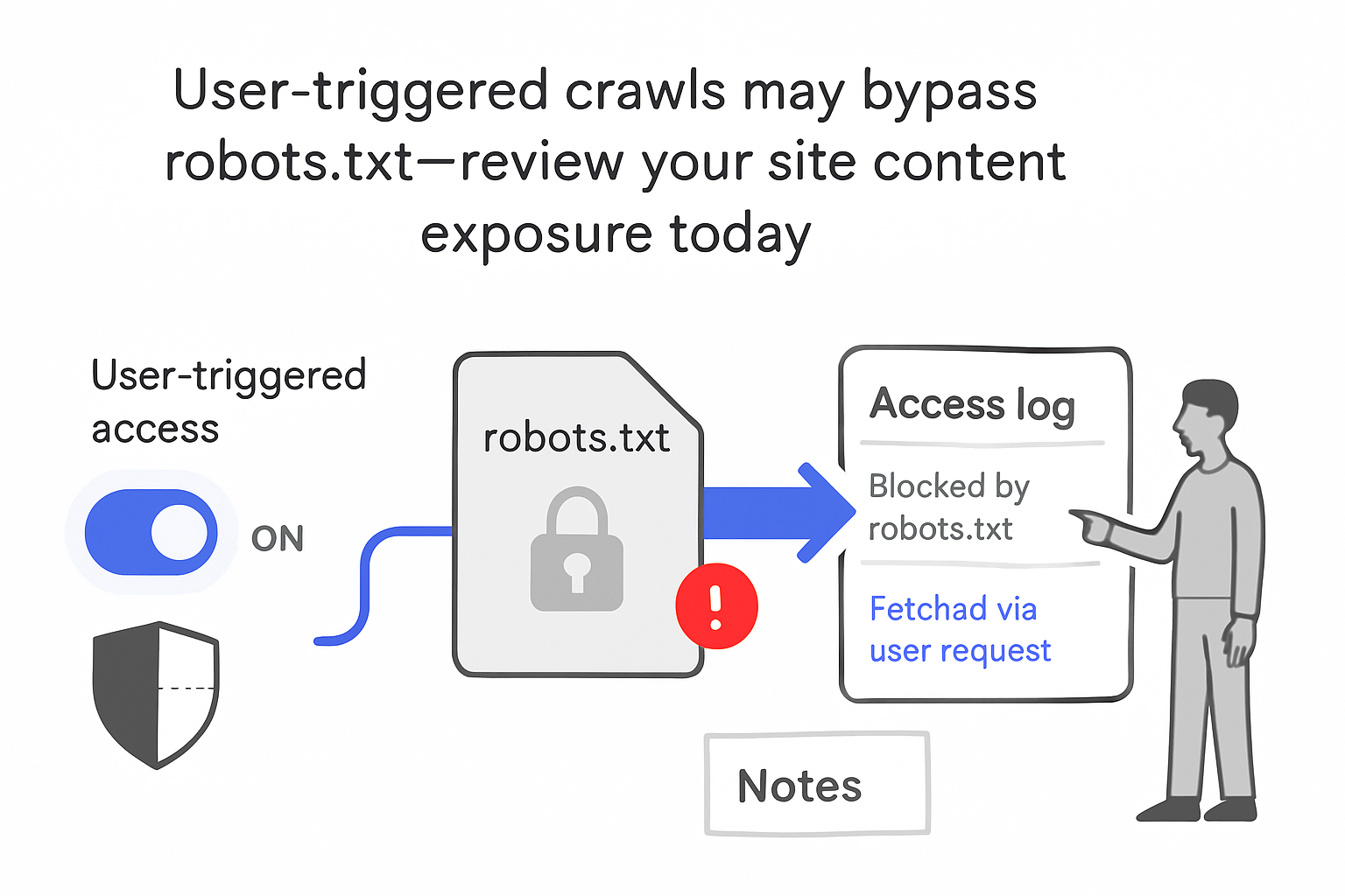 Minimalist tech illustration of robots txt gate user triggered crawls bypass access log alert