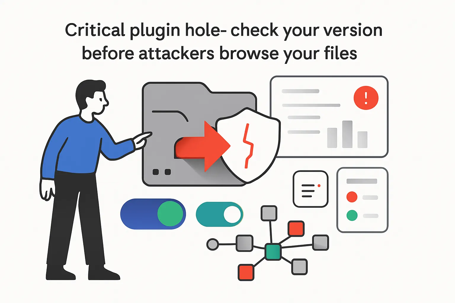 Minimalist illustration of plugin vulnerability local file inclusion breach with cracked shield audit panel toggle