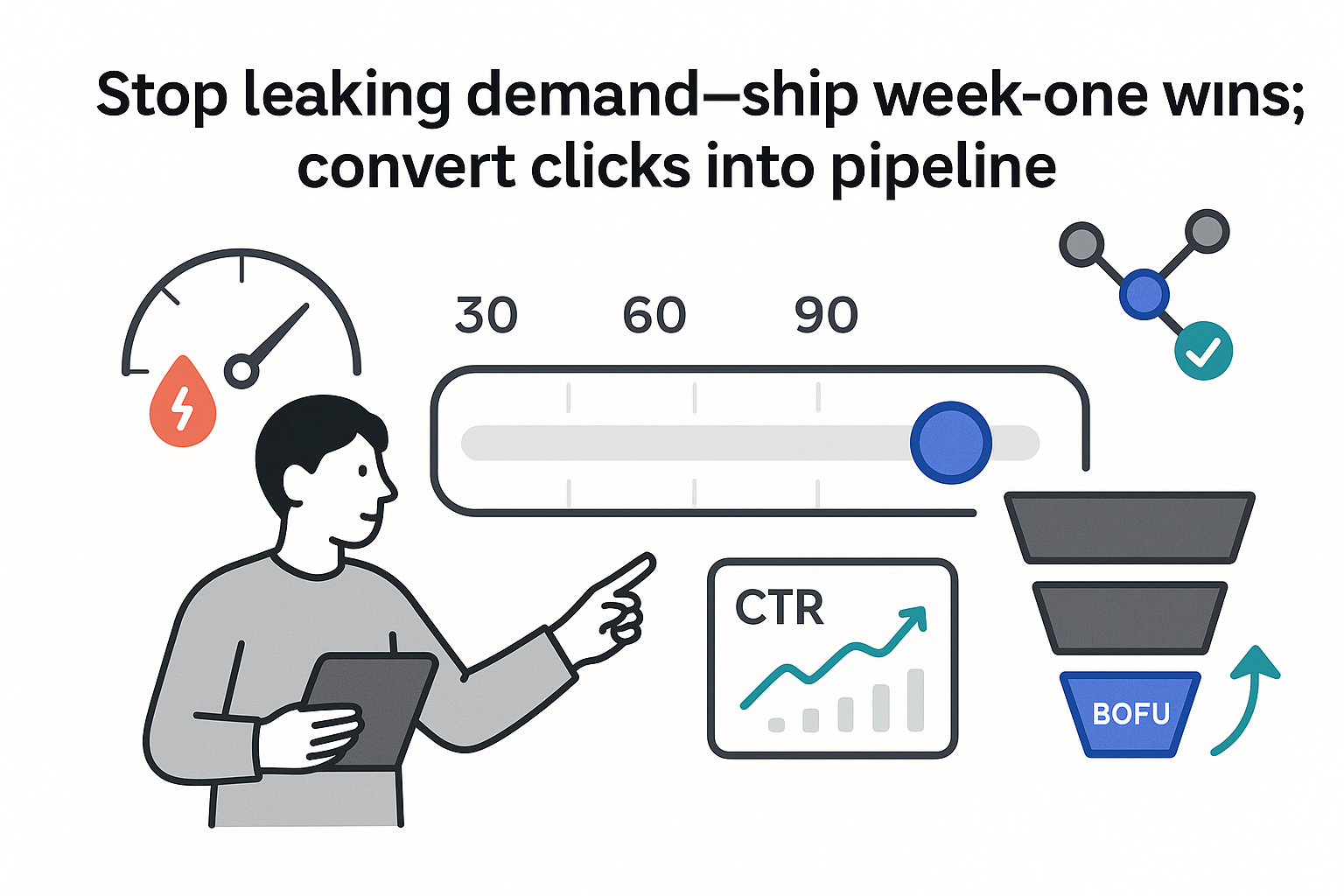 Minimalist illustration progress bar slider funnel speed gauge node graph CTR report person pointing