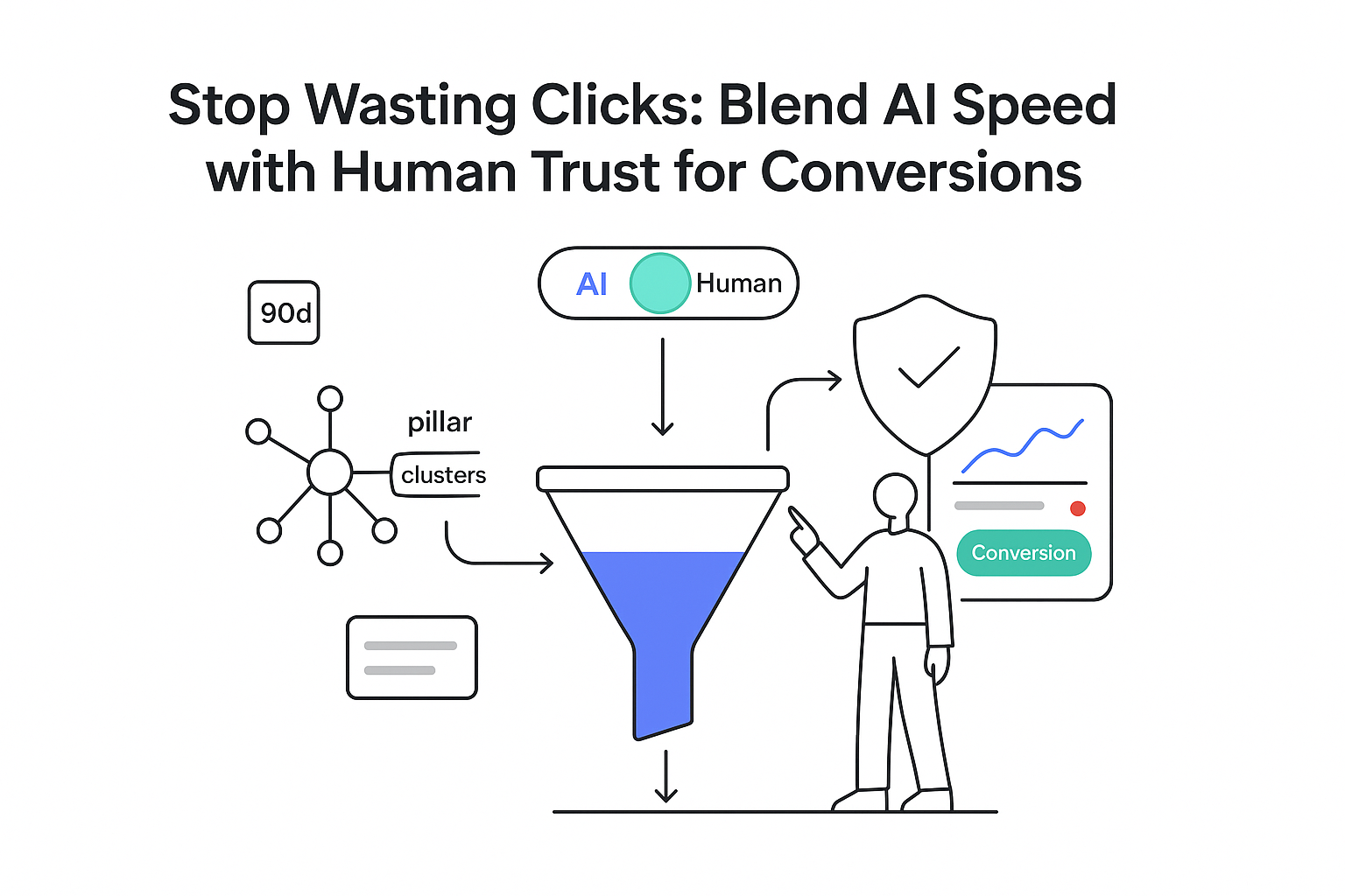 Minimalist conversion funnel with SEO nodes zero click snippet trust shield report AI human toggle