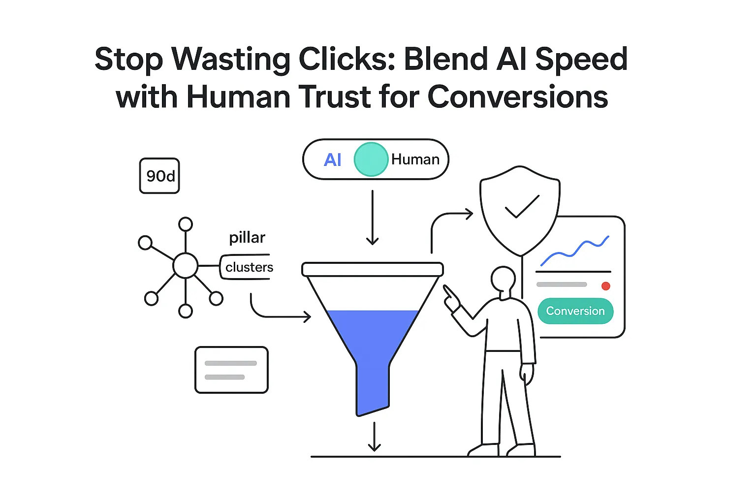 Minimalist conversion funnel with SEO nodes zero click snippet trust shield report AI human toggle
