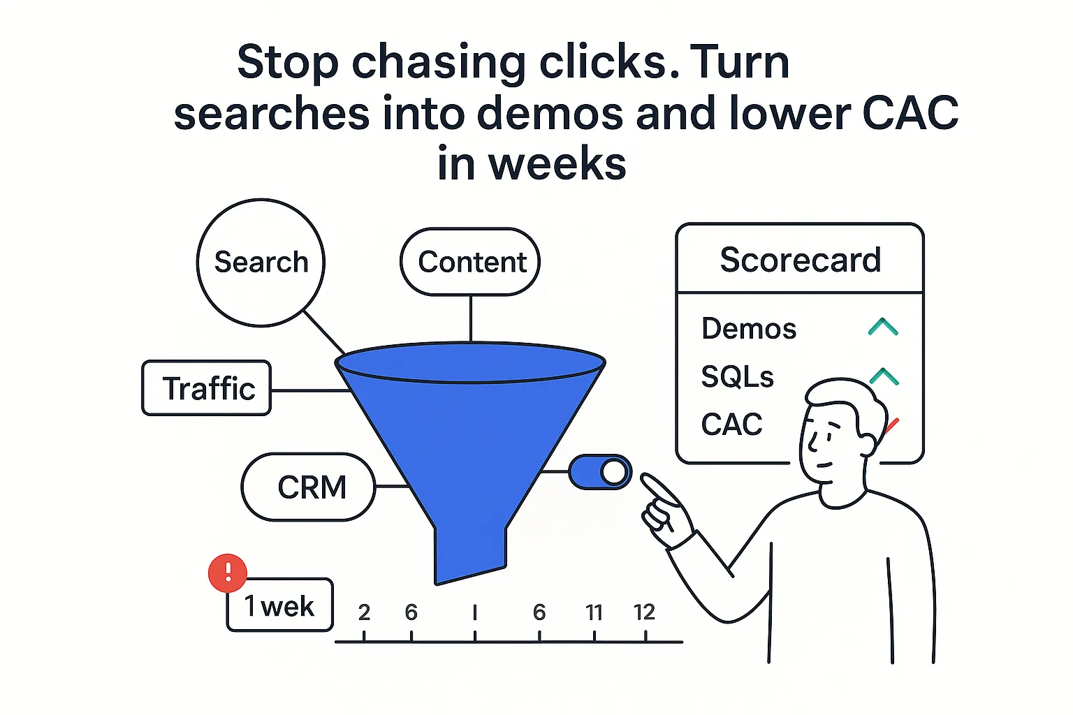 Marketing funnel illustration linking Search Content CRM to scorecard Demos SQLs CAC with quality toggle