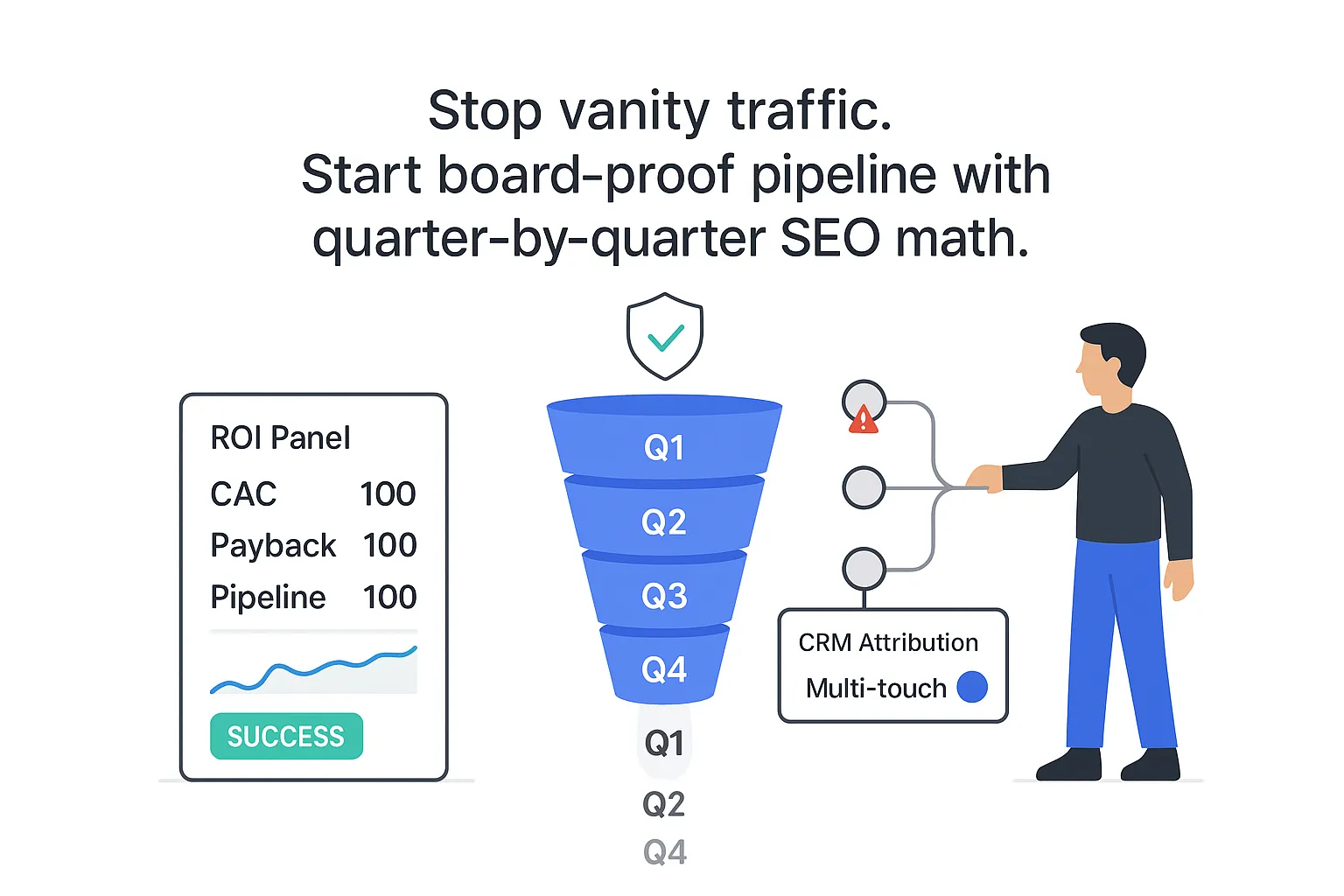 Tech illustration of segmented Q1 Q2 Q3 Q4 funnel with ROI panel CRM attribution toggle
