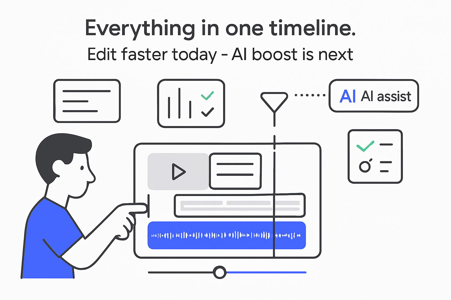 Minimalist tech illustration unified video editing timeline with AI assist layers audio waveform playhead
