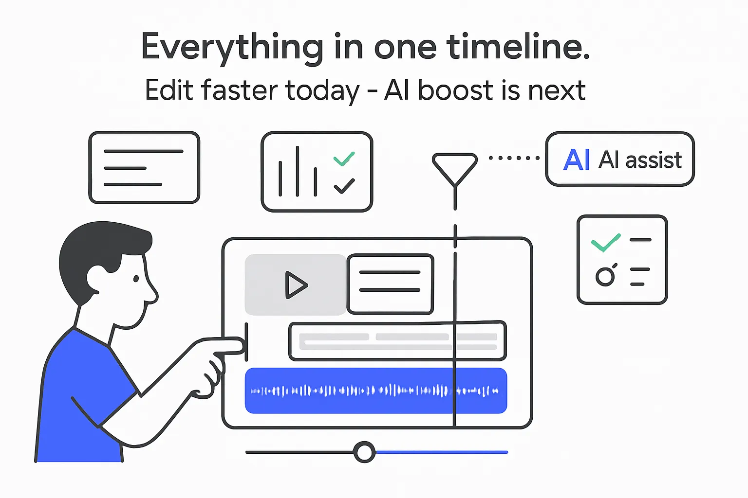Minimalist tech illustration unified video editing timeline with AI assist layers audio waveform playhead
