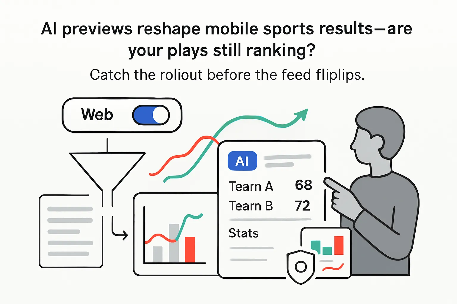AI previews reshaping mobile sports results preview panel toggle funnel showing ranking volatility trust shield