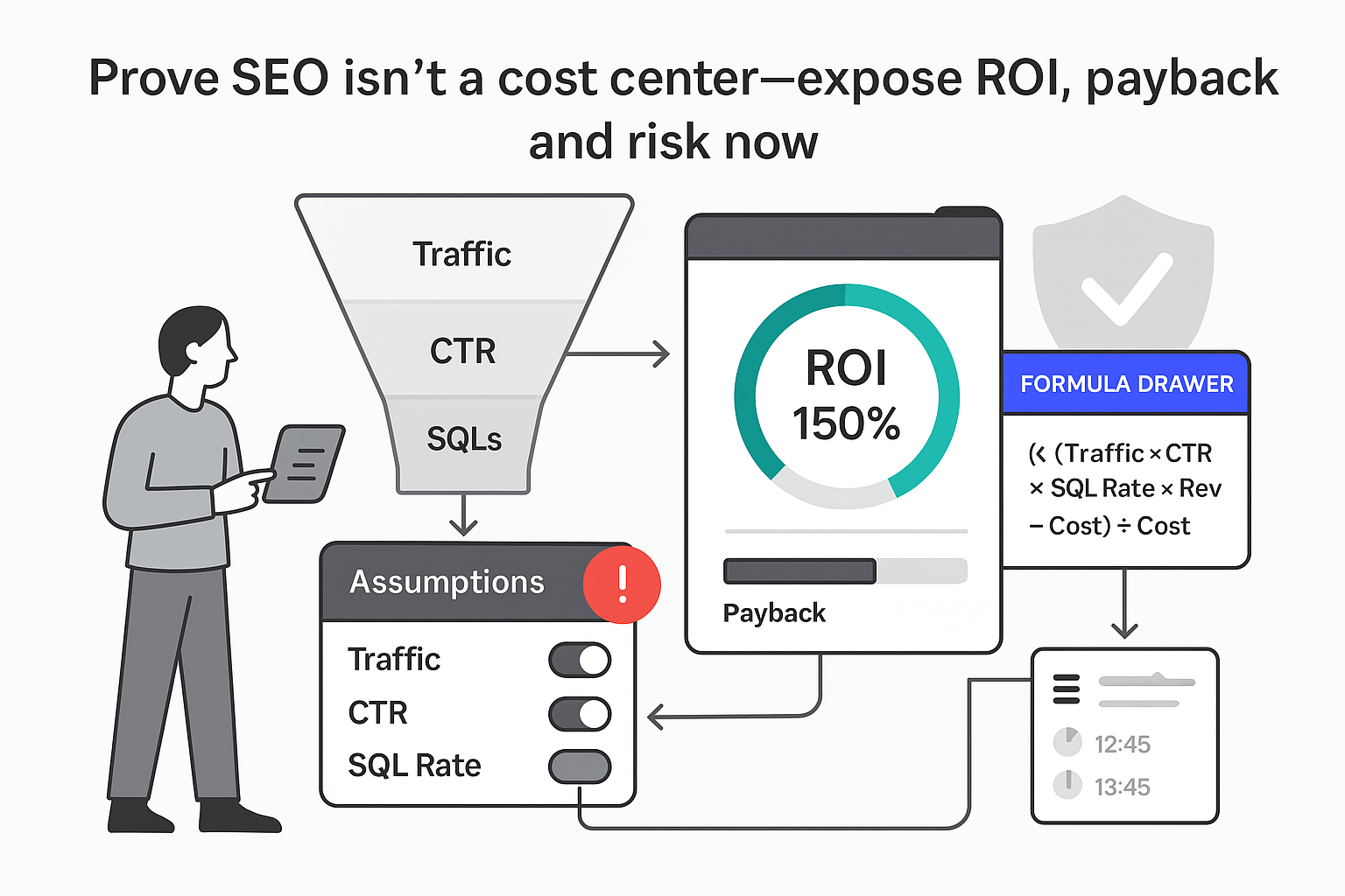 Minimalist SEO funnel and ROI calculator showing CFO distrust audit trail and trust shield