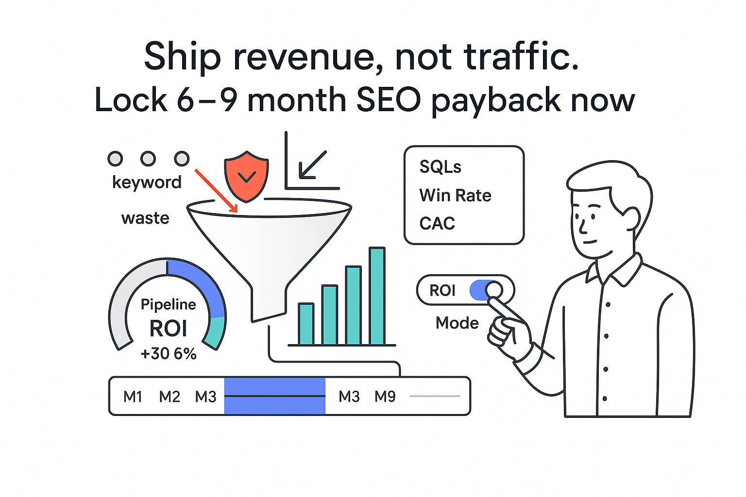 Minimalist tech illustration funnel feeding pipeline ROI gauge shield blocking waste timeline 6to9month payback