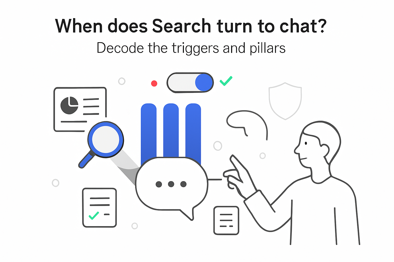 Minimalist tech illustration pillars funneling data into chat bubble with toggle alert and human