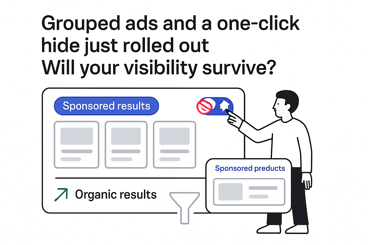 Minimalist search results showing sponsored results grouped ads one click hide and organic upward trend