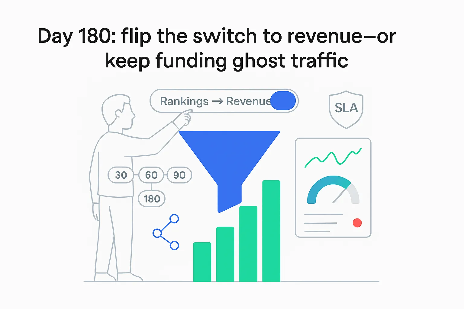 Minimalist tech illustration funnel to revenue bars toggle switch timeline chips 30 60 90 180