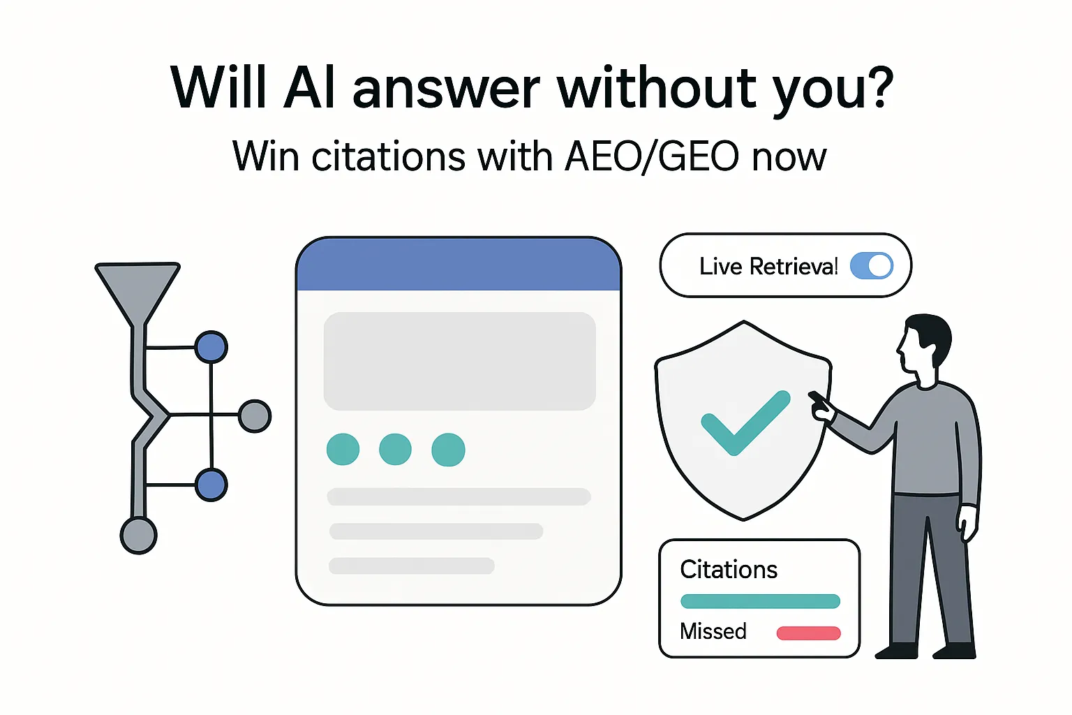 AI creator tension funnel feeding answer card shield checkmark live retrieval toggle citations report