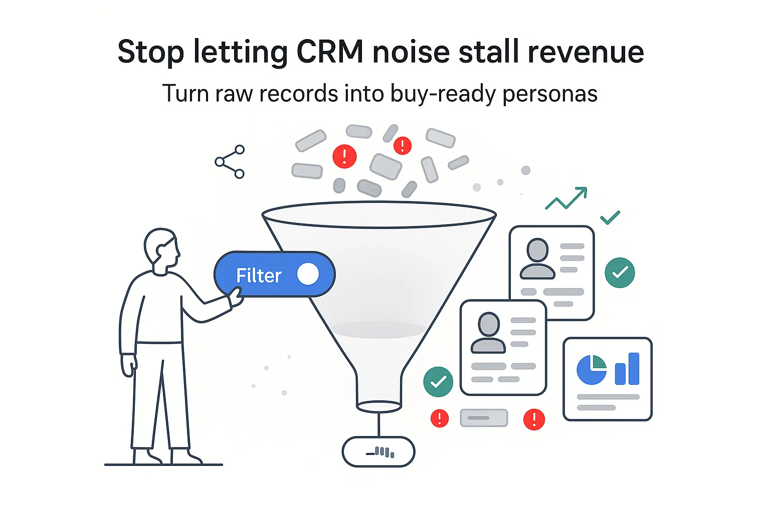 Minimalist tech illustration person toggling funnel filtering CRM noise into three persona cards