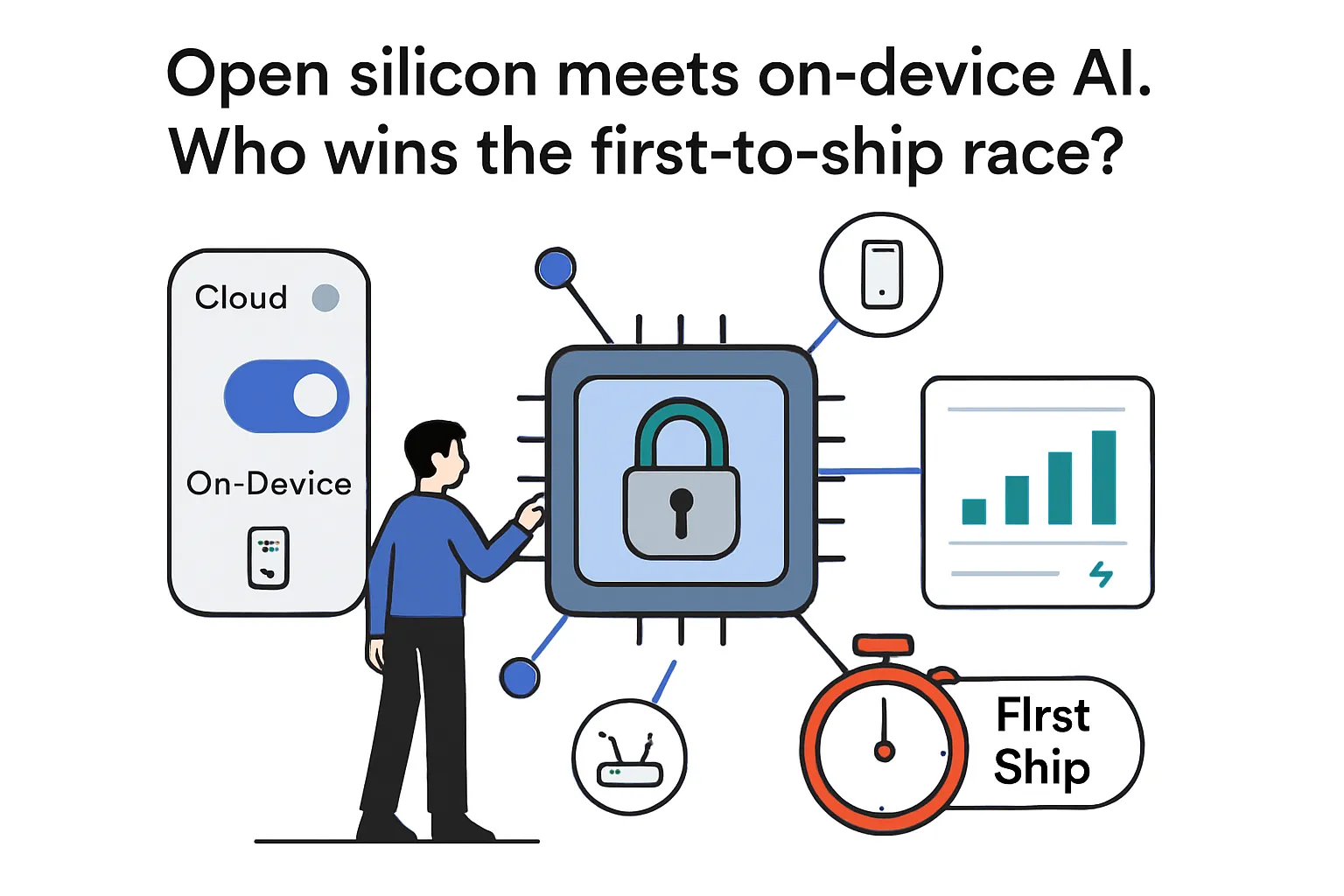 Minimalist illustration of open silicon NPU microchip on device AI toggle and edge nodes