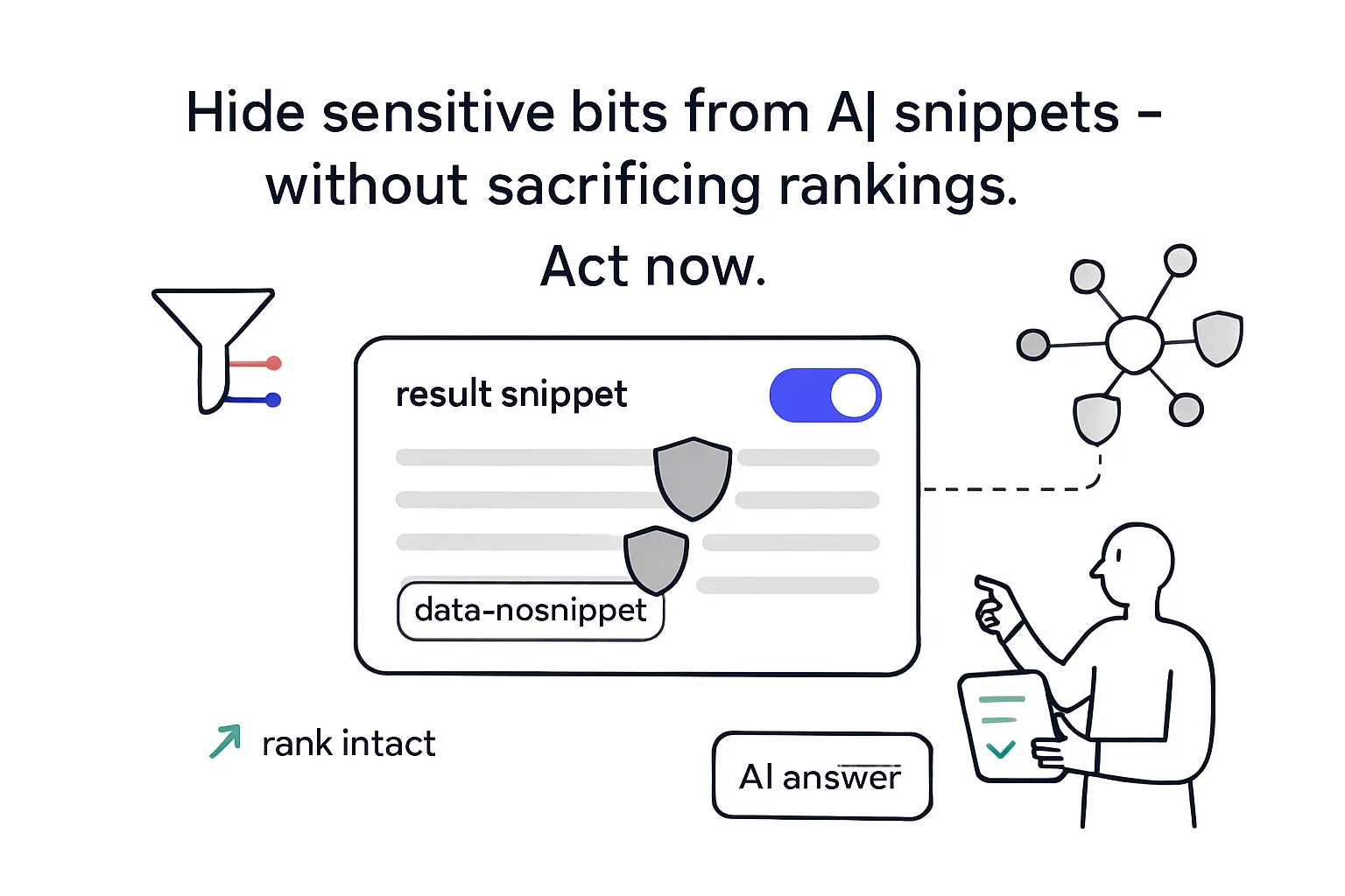 Minimalist illustration of result snippet with data nosnippet tag toggle on hiding sensitive AI snippets