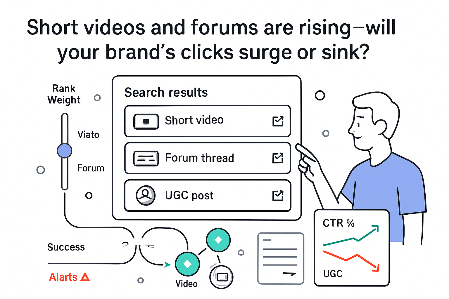 Minimalist search results panel showing rank weight toggle funnel favoring short videos forums and UGC
