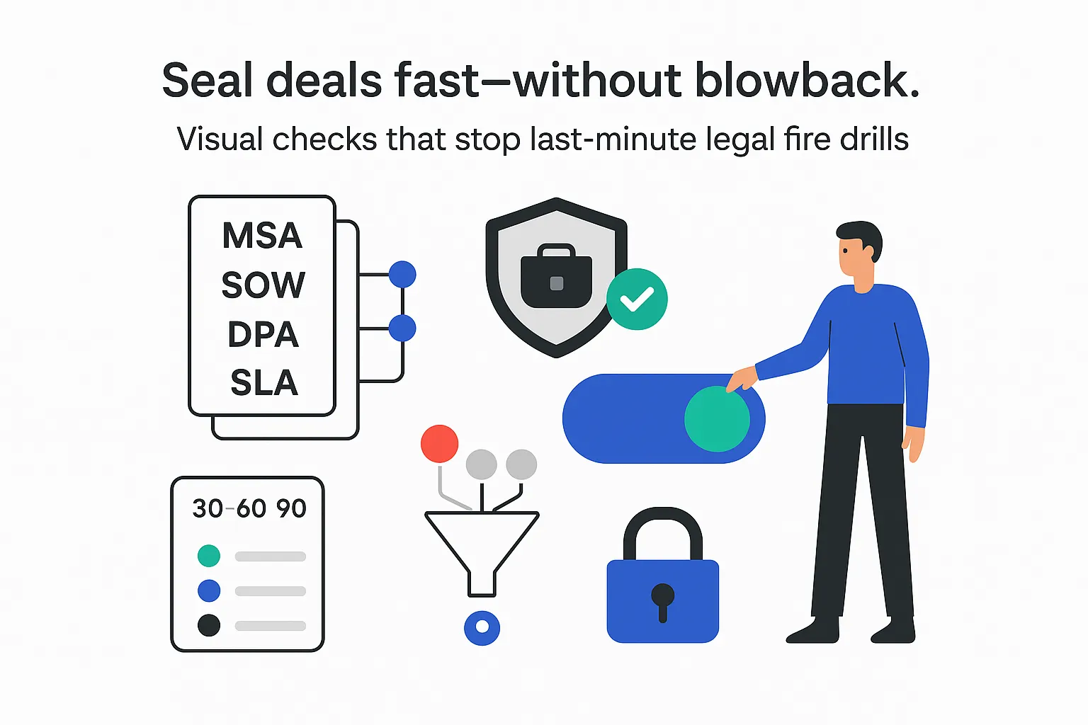 Deal control illustration contracts shield check funnel lock alert 30 60 90 timeline character toggling