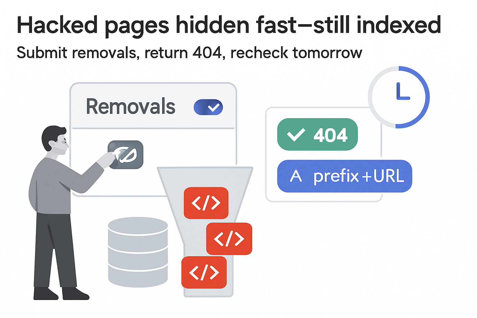 Minimalist illustration of removals panel hiding hacked pages but index still shows red tiles