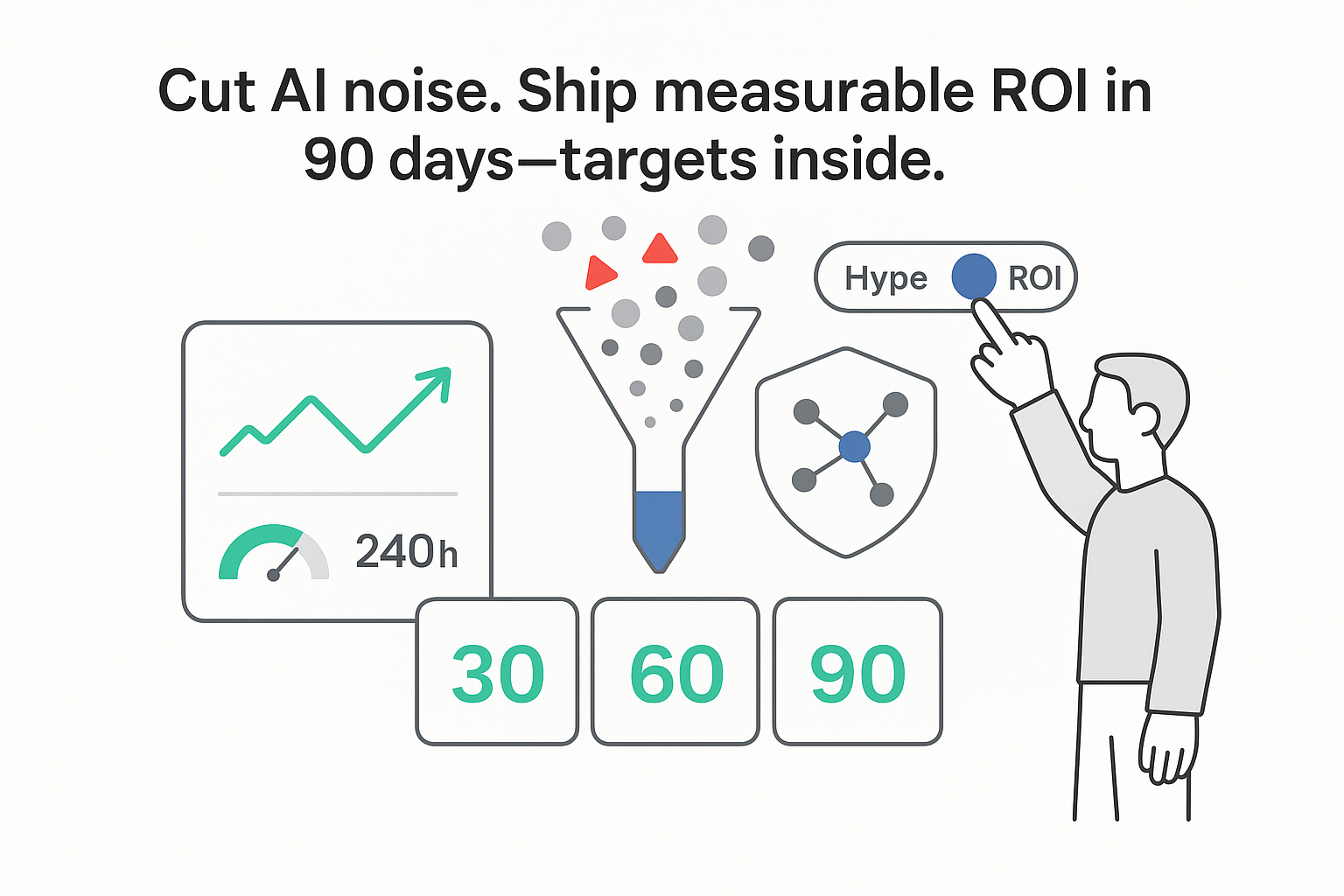 Minimalist ROI funnel feeding KPI tiles 30 60 90 with report card shield and person