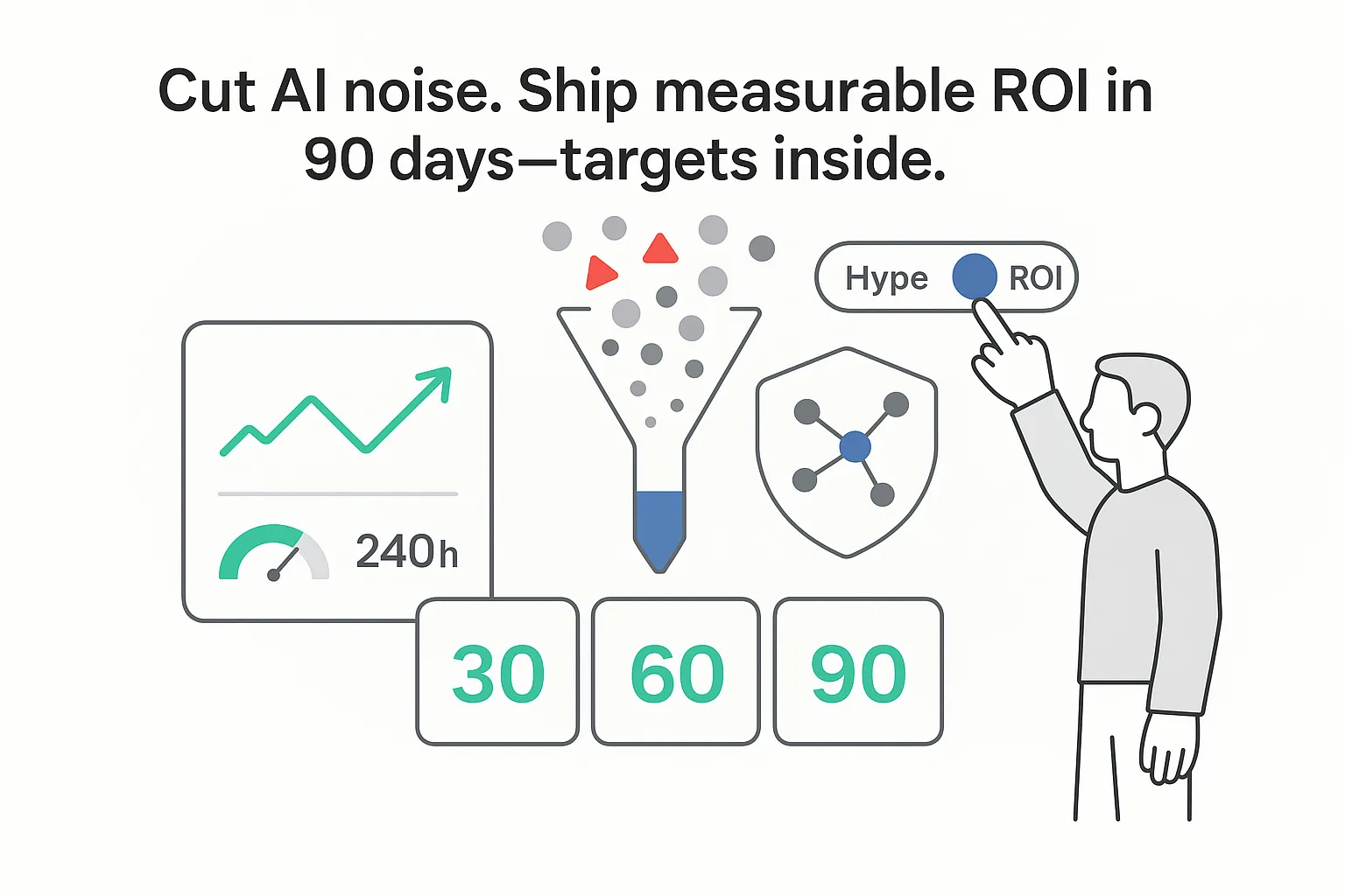 Minimalist ROI funnel feeding KPI tiles 30 60 90 with report card shield and person