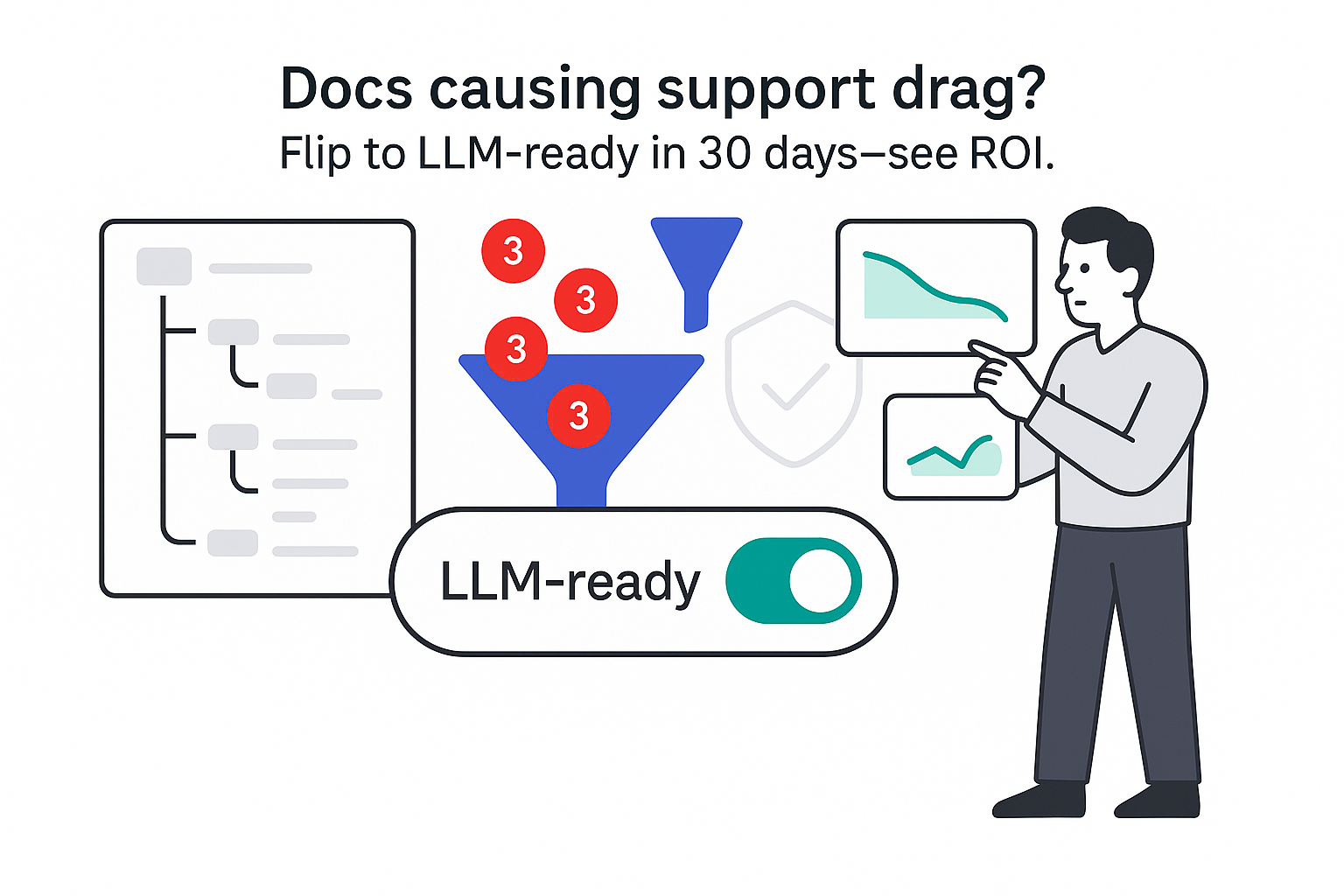 Minimalist illustration repo tree feeding funnel reducing red tickets LLM ready toggle on analytics card