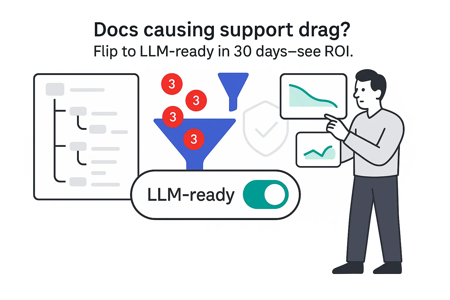 Minimalist illustration repo tree feeding funnel reducing red tickets LLM ready toggle on analytics card