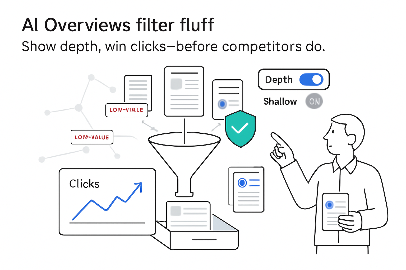 AI overviews funnel filters low value content human reviewer toggles depth wins clicks