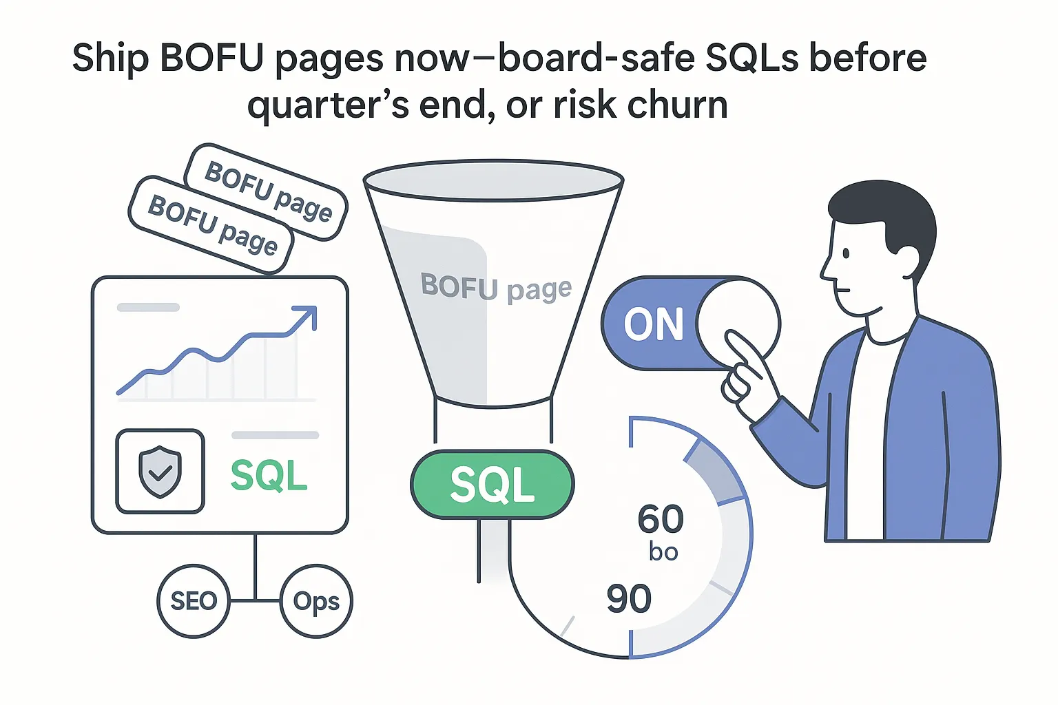 Funnel with BOFU pages producing SQL pill shielded report ON toggle 60 to 90 arc