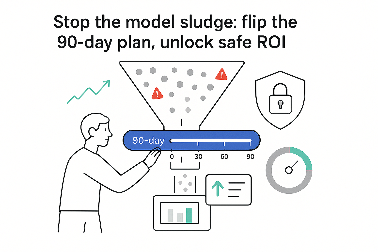 Clogged to flowing data funnel with 90 day slider guardrail shield lock and cost gauge