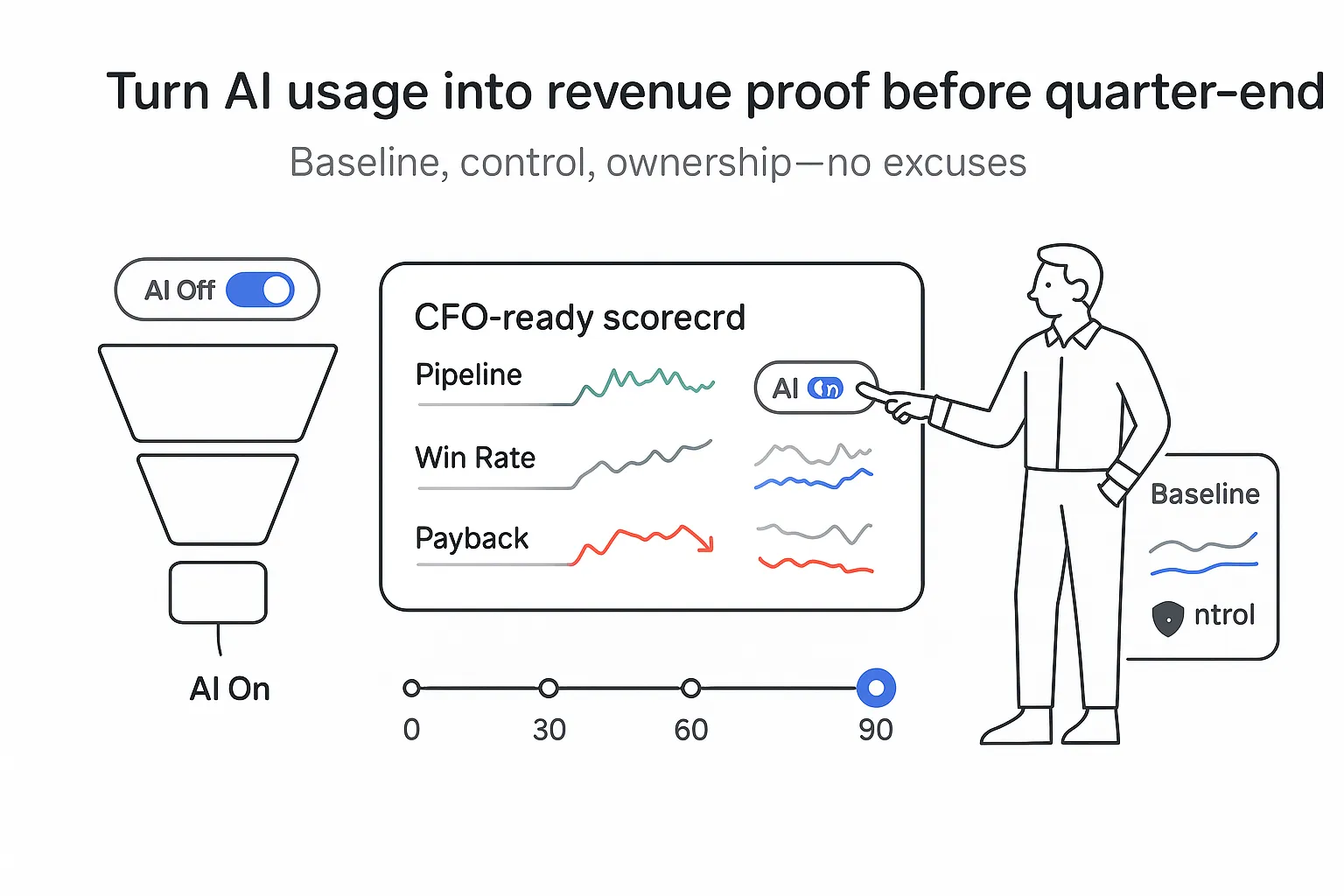 Minimalist tech illustration CFO ready scorecard KPIs funnel A B AI lift control baseline timeline