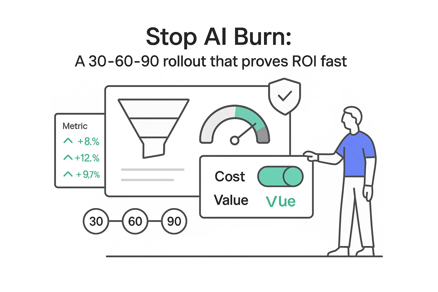 Minimalist AI spend vs proven ROI funnel shield toggle cost to value 30 60 90