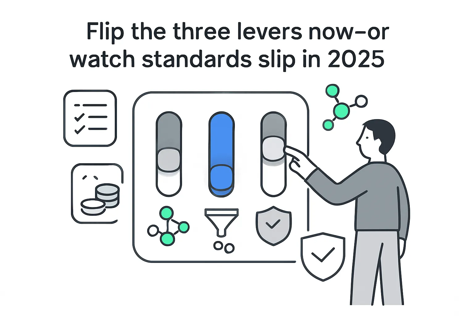 Minimalist tech console with three toggles Incentives Spend with Contributors Standards Policies person toggling