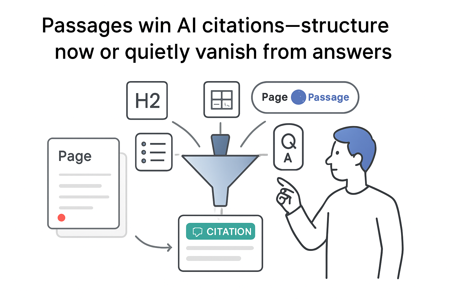 Minimalist tech illustration funnel ingesting heading bullets table Q and A tiles producing citation card